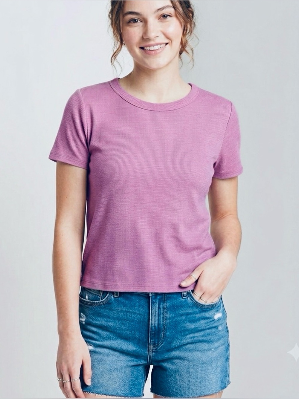 Pink Ribbed Crew Neck Top Short Sleeve Soft Girl Pastel Girlhoodcore Barbie Sm